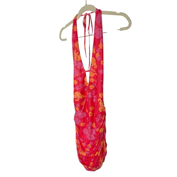 Superdown Petriana Mini Dress Halter Neck Ruched Floral Stretchy Neon Small - Picture 5 of 10